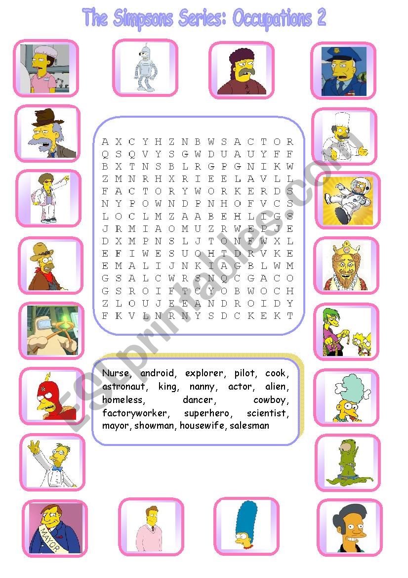 The Simpsons Series: Occupations Wordsearch 2 (WITH KEY)