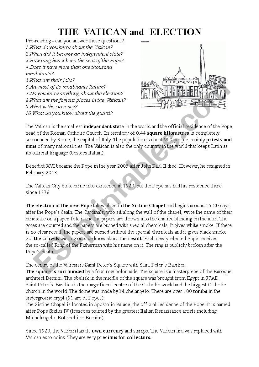 VATICAN and POPE ELECTION worksheet