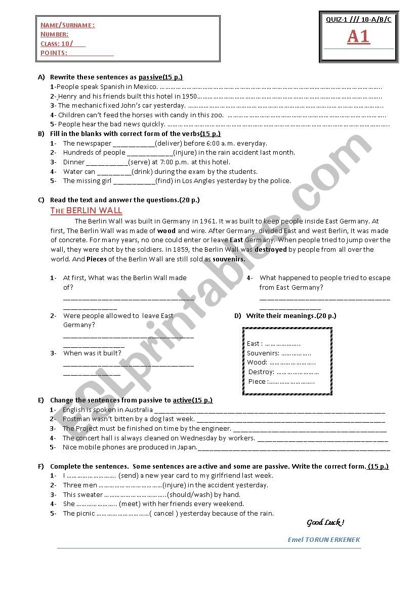 Quiz- Passive Voice- 10th grades