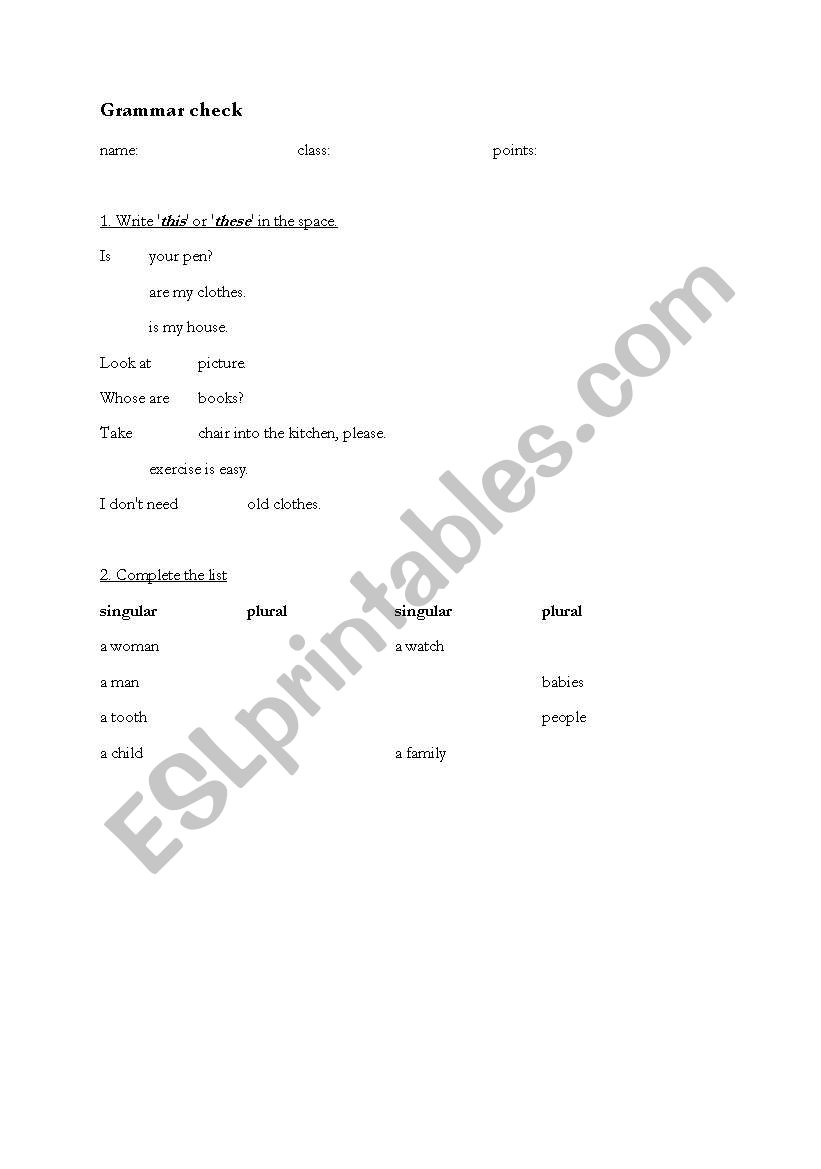 this, these, plurals worksheet