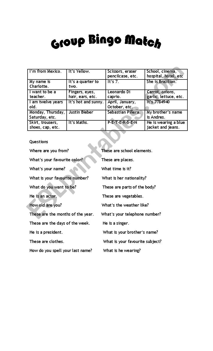 Group matching bingo worksheet