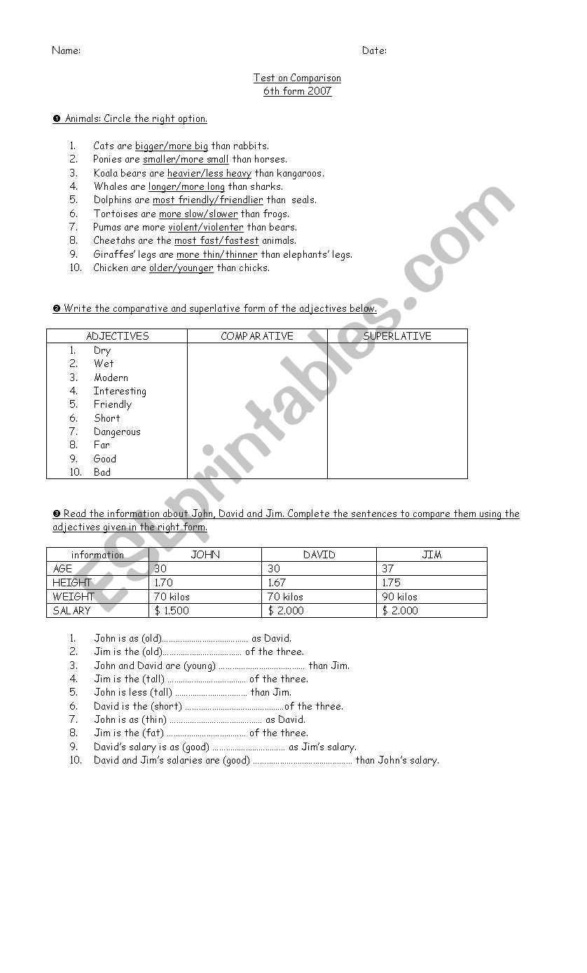 Test on Comparison worksheet