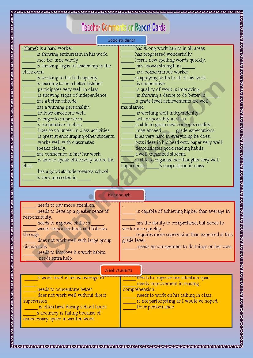 Comments cards worksheet