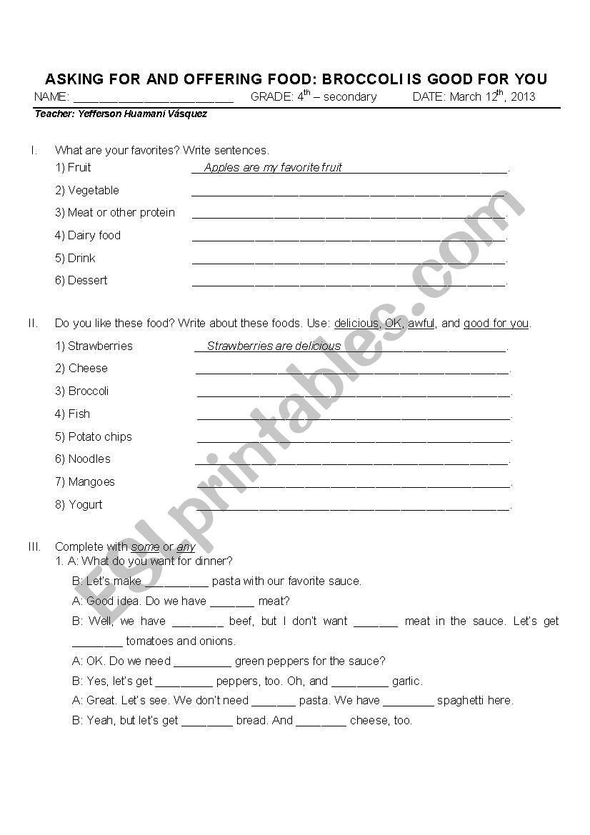 FOOD worksheet