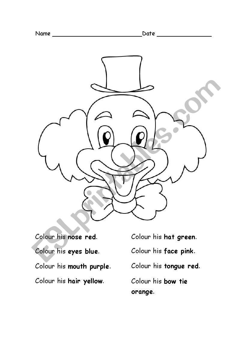 Colour the clown worksheet