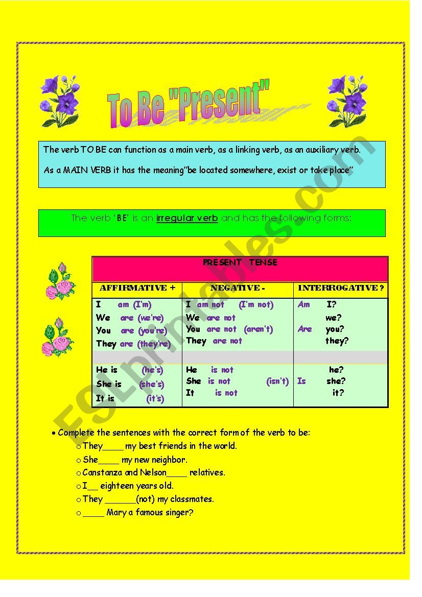 To Be PRESENT worksheet