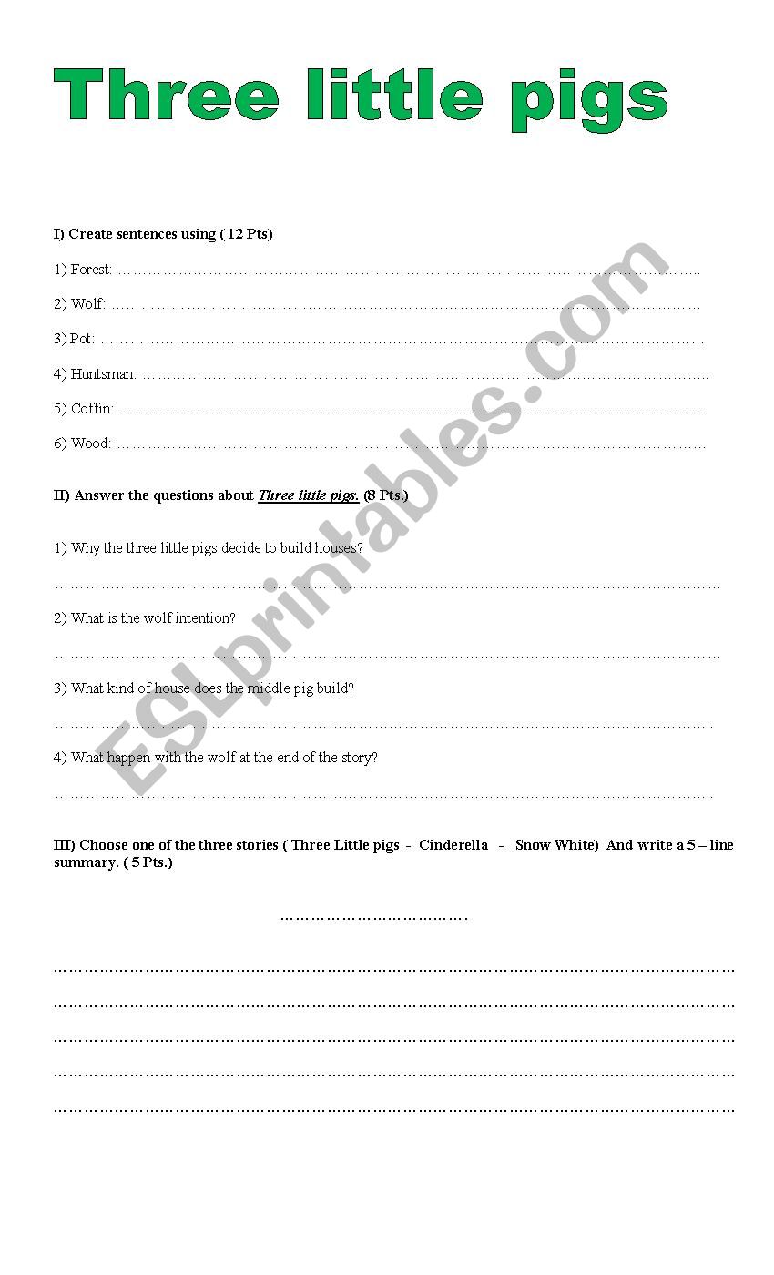 Worksheet Three little pigs worksheet