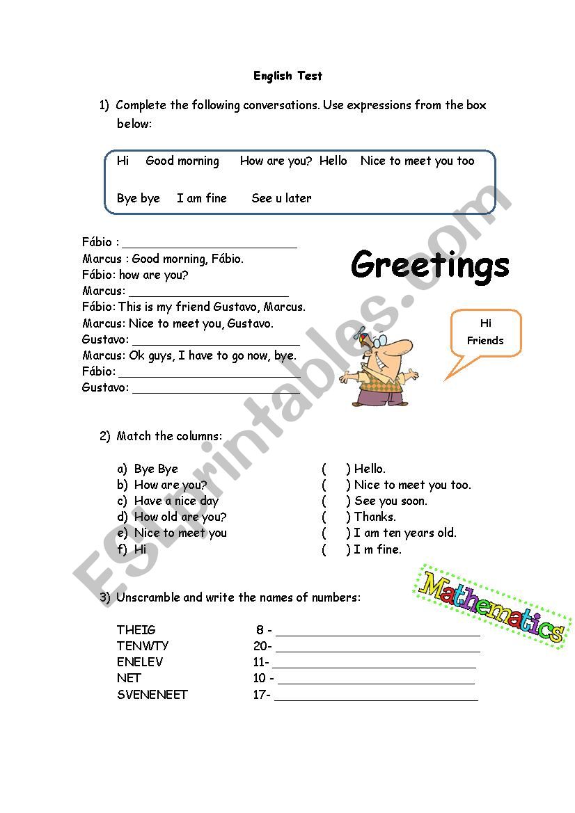 Greetings and numbers worksheet