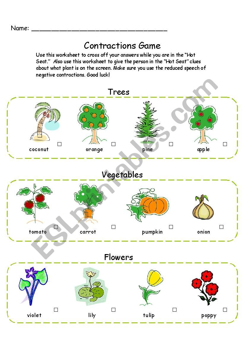 Contractions Game Worksheet worksheet