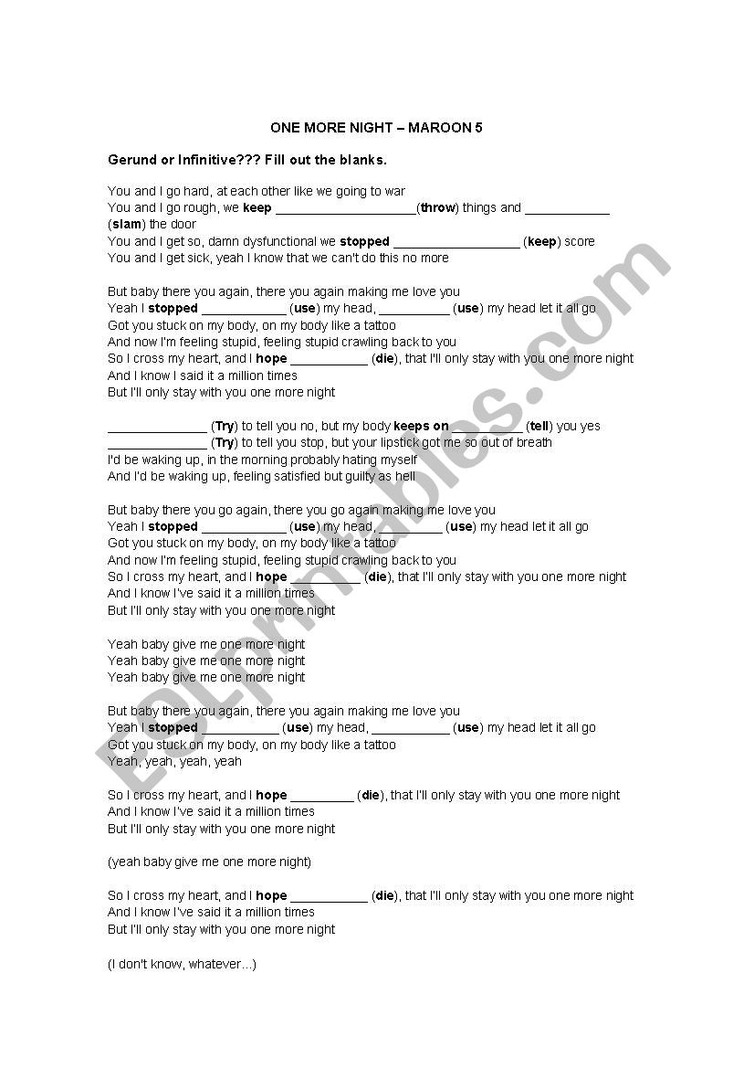 gerund-infinitive song worksheet