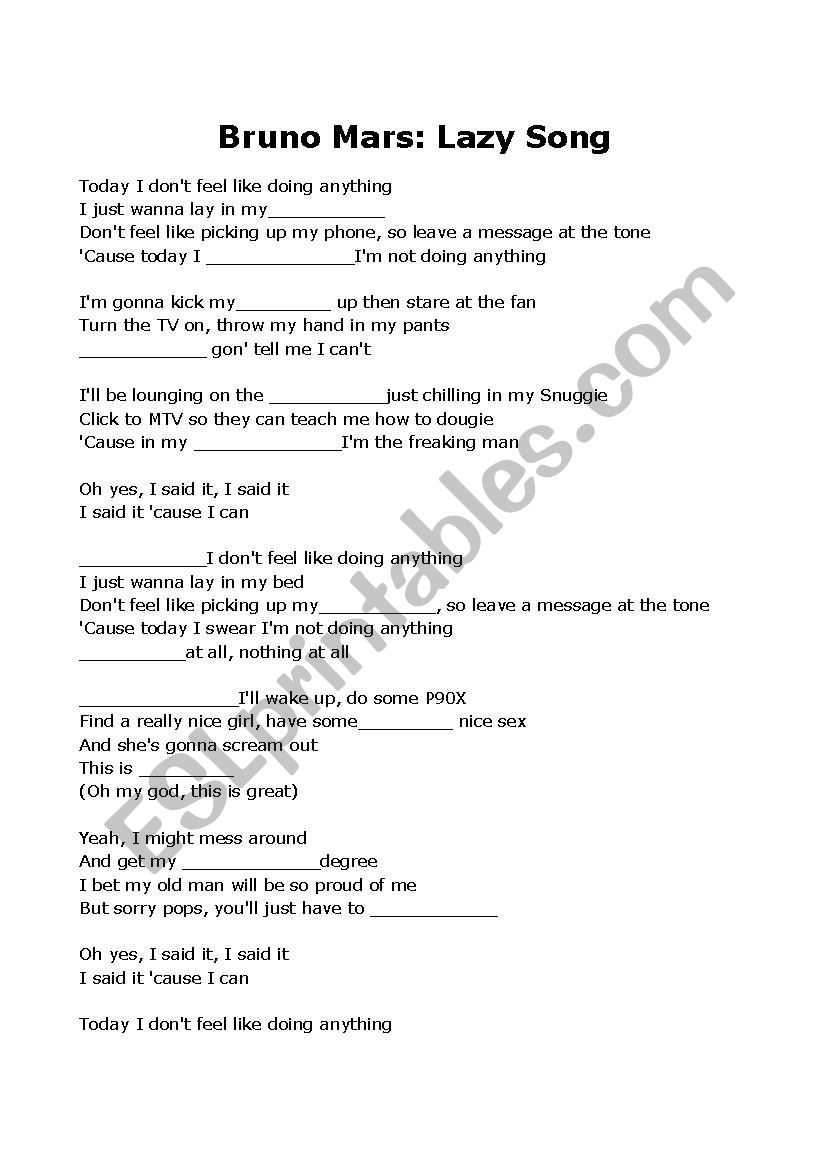 Bruno Mars Lazy song worksheet