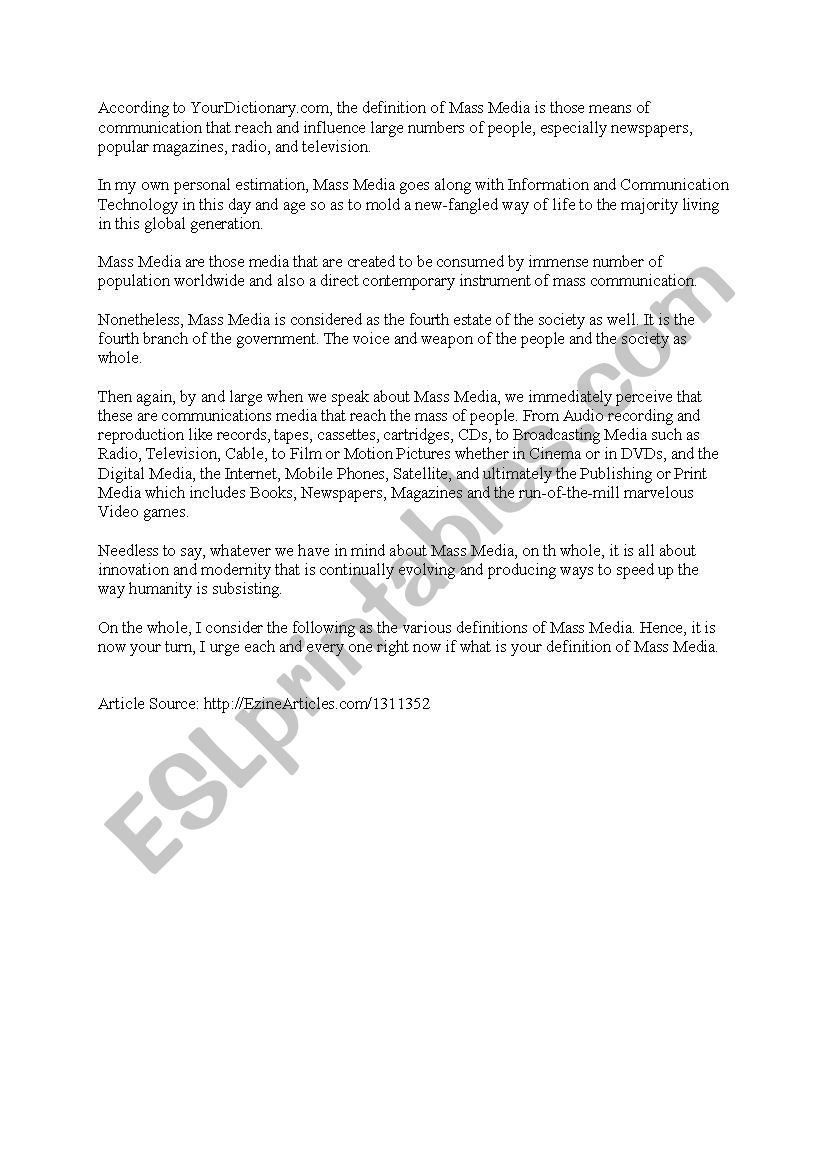 definition of media worksheet