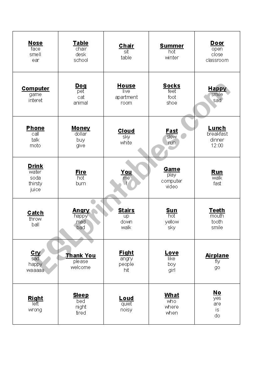 Taboo words worksheet