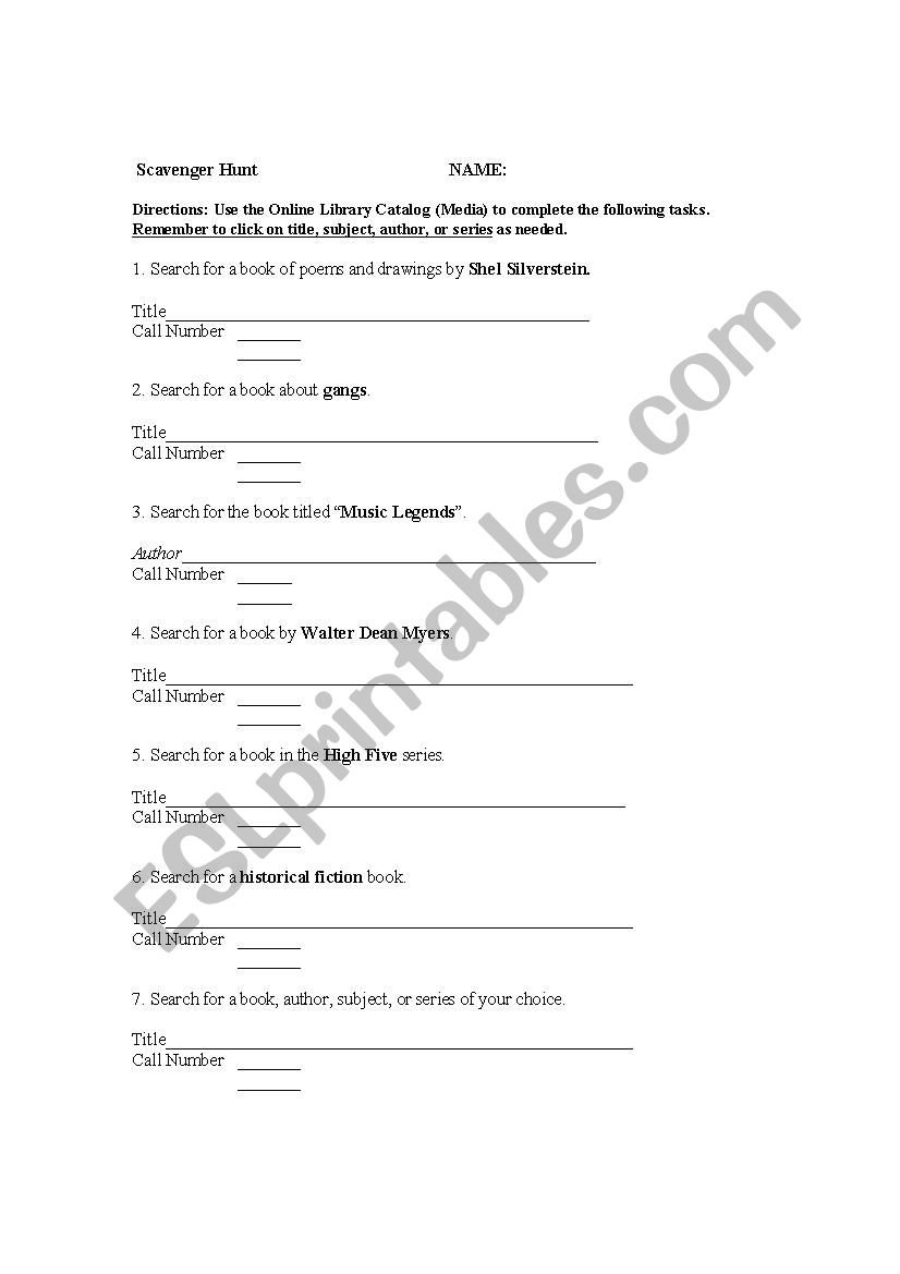 Library Scavenger Hunt worksheet