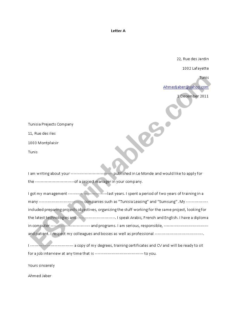 Letter of application  worksheet
