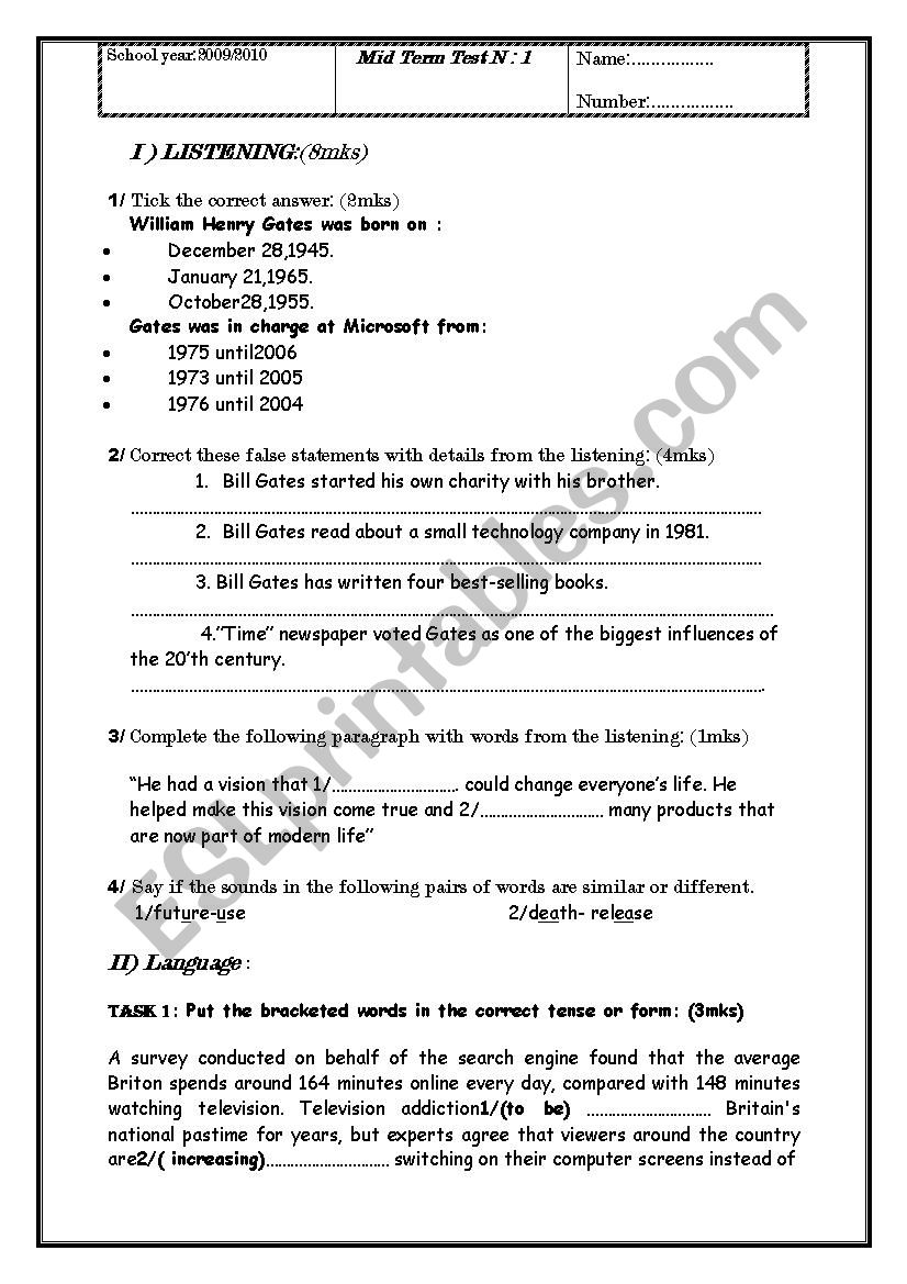 mid-term test N1 worksheet