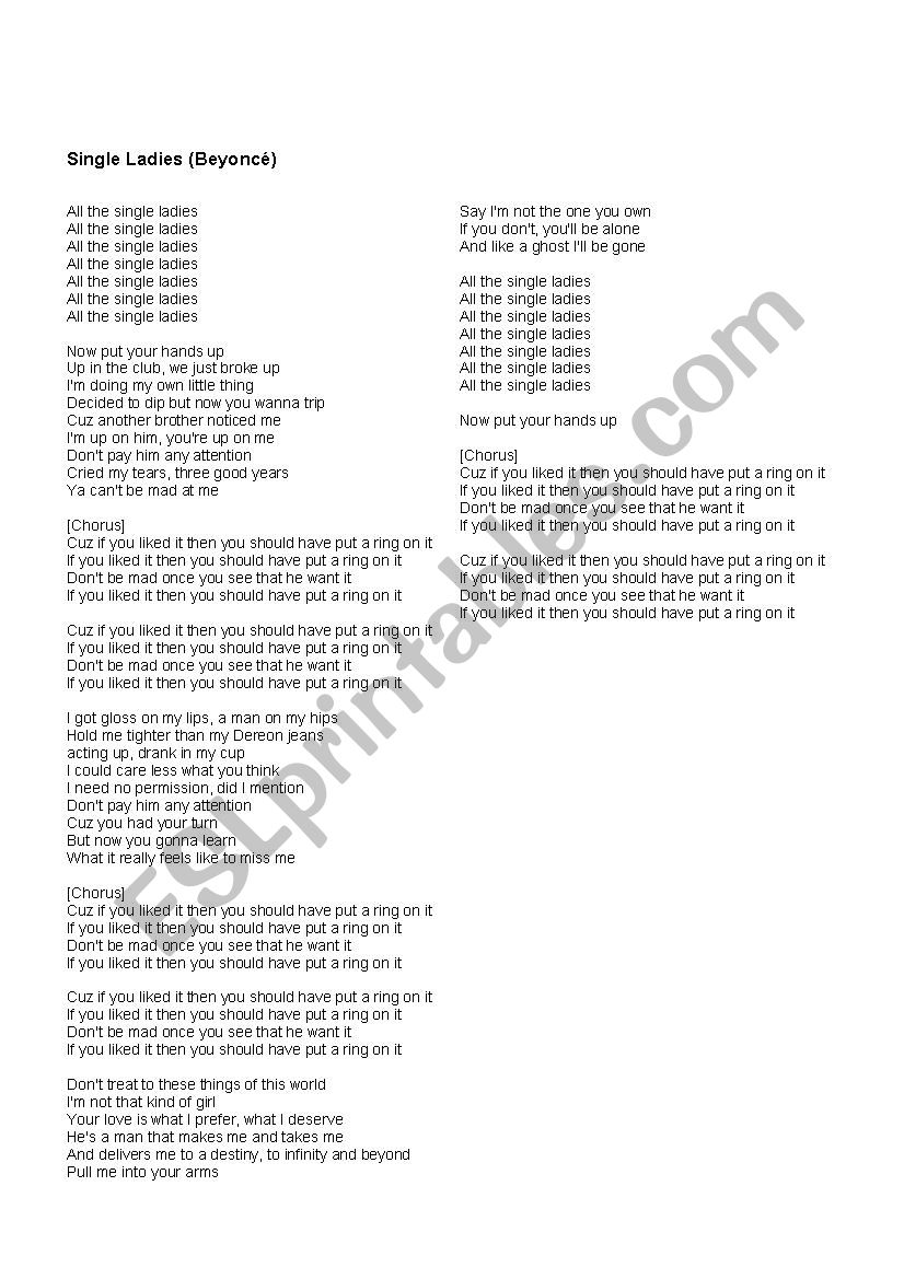 Song: All the single ladies worksheet