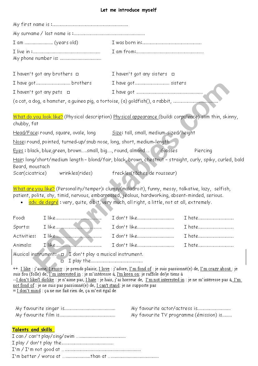 Let me introduce myself worksheet