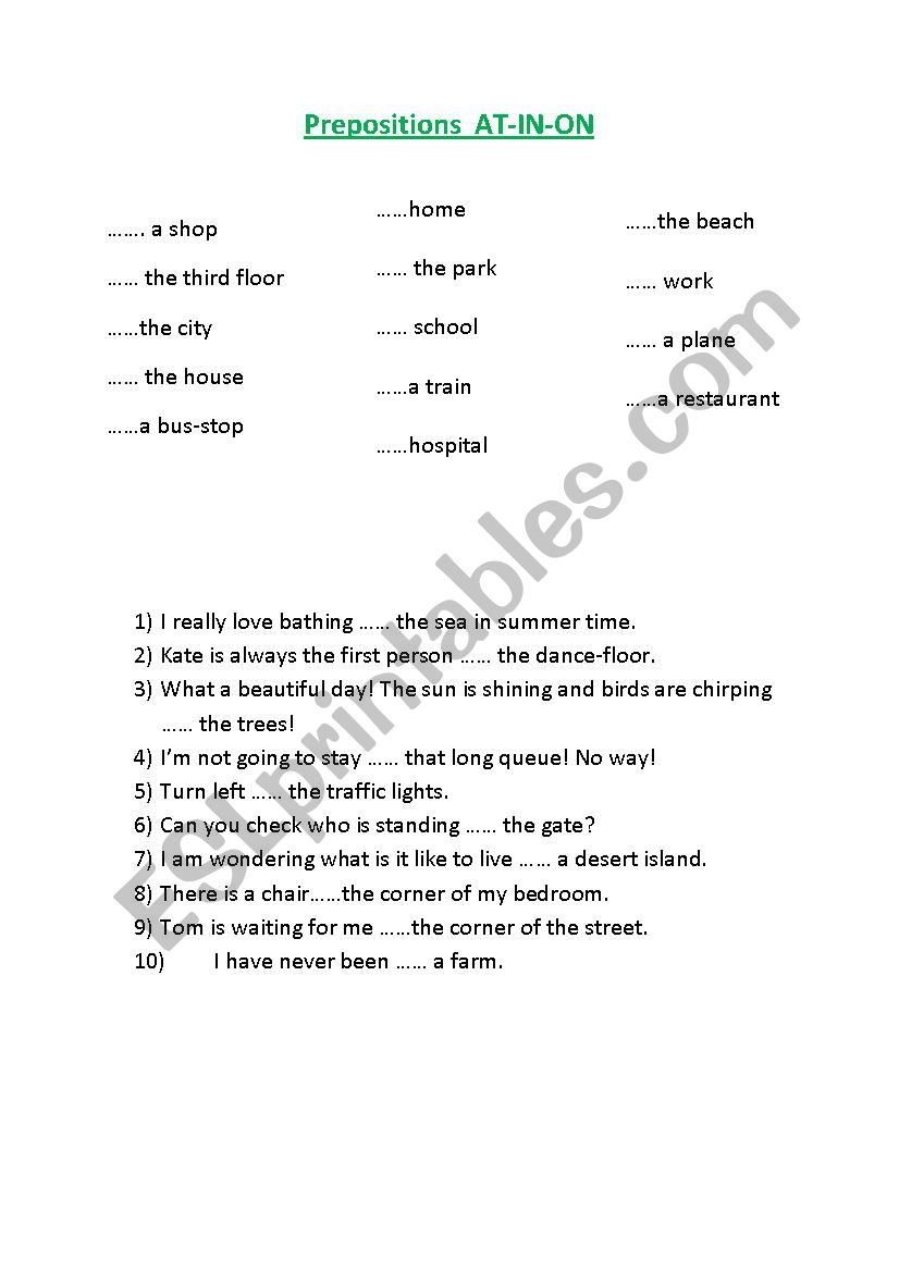 Prepositions at/in/on + KEY worksheet