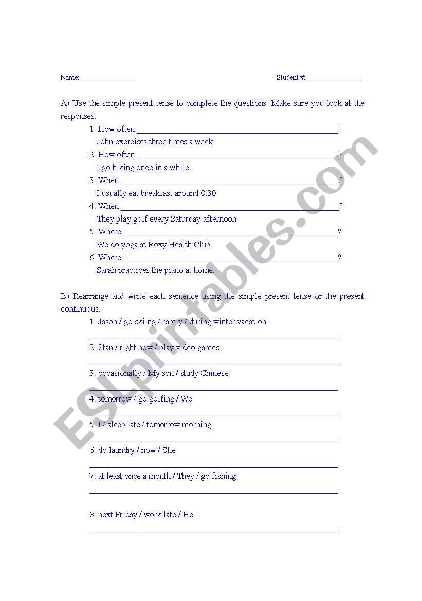 Worksheet - Adverbs of Frequency / Present Tense / Present Continuous