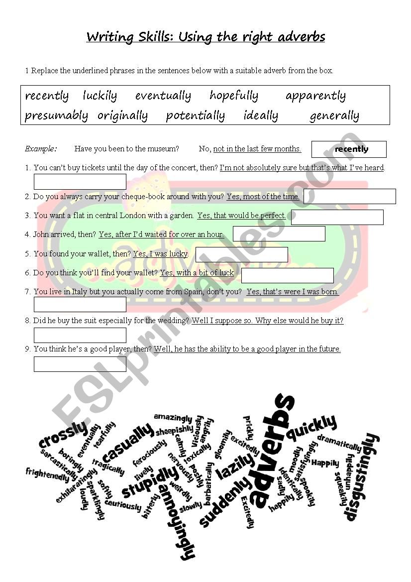 Writing skills adverb worksheet