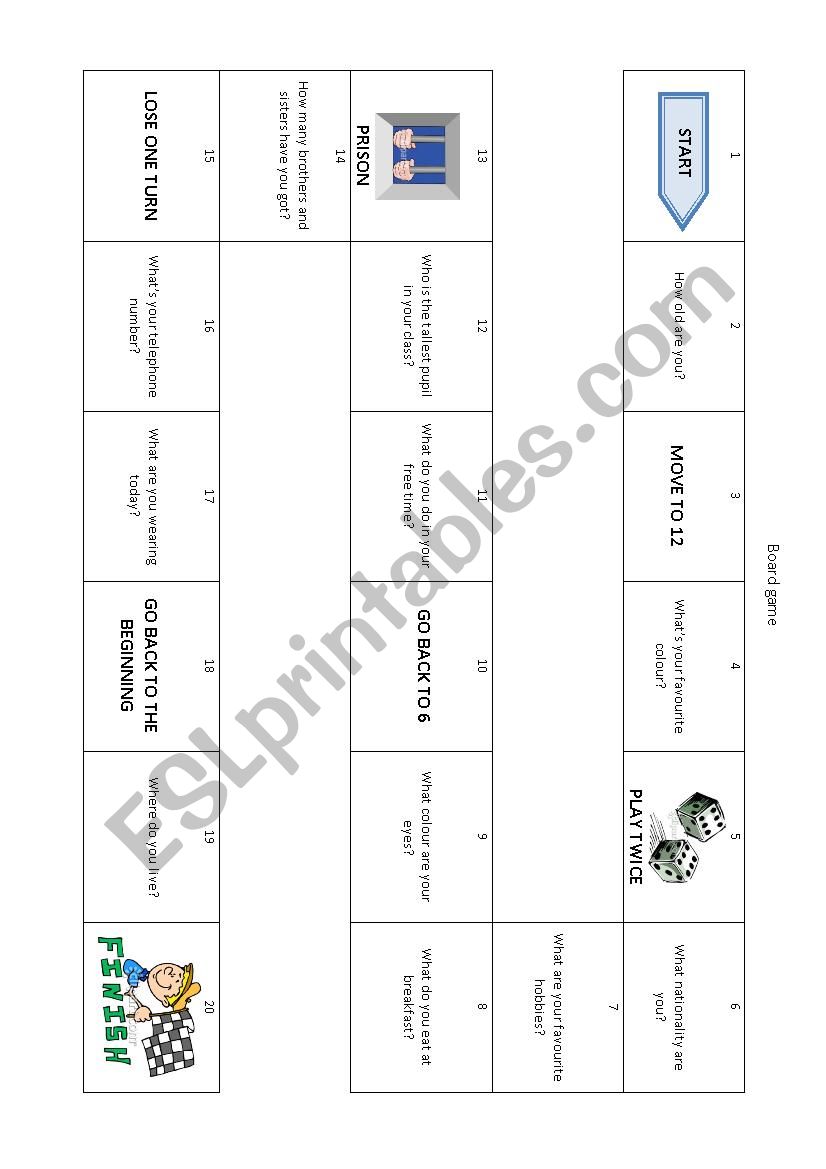 Board game worksheet