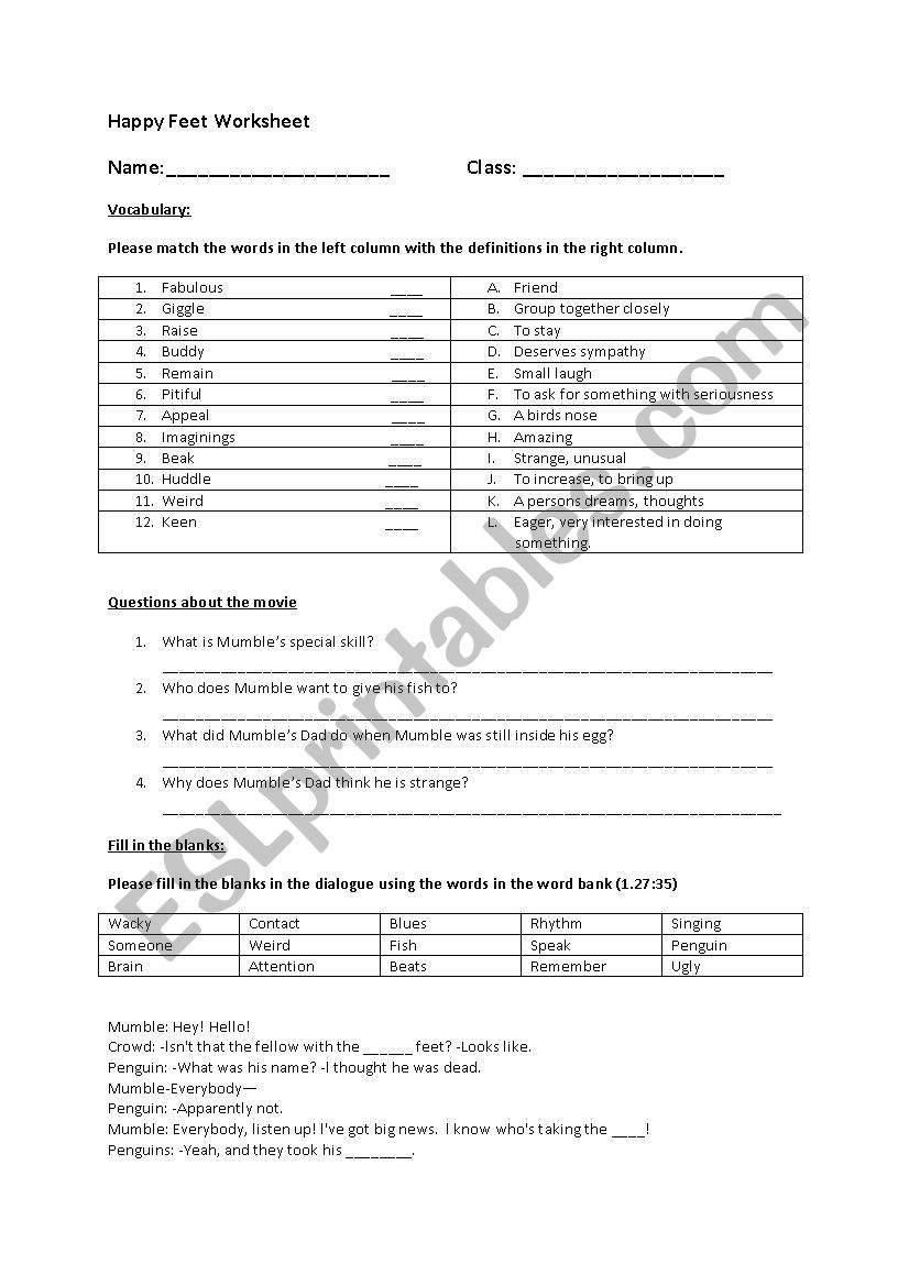 Happy Feet 1 movie worksheet worksheet