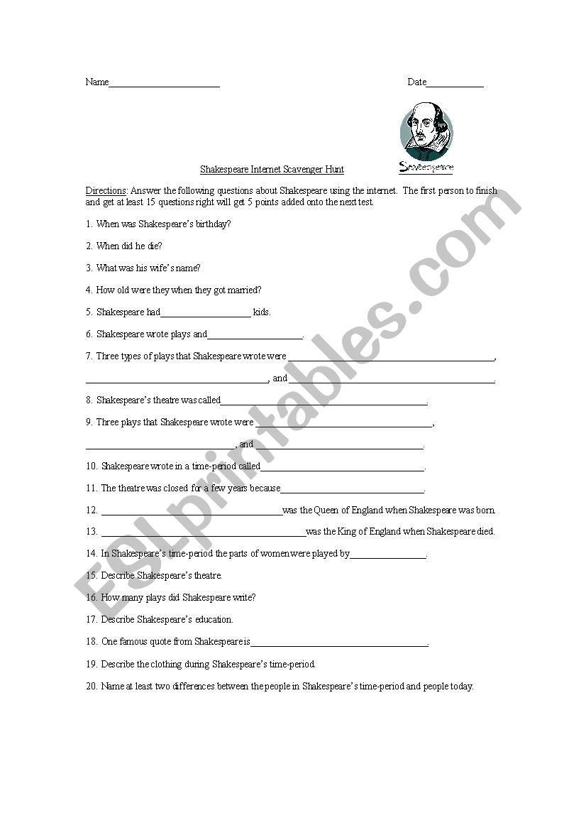 Shakespere Scavenger Hunt worksheet