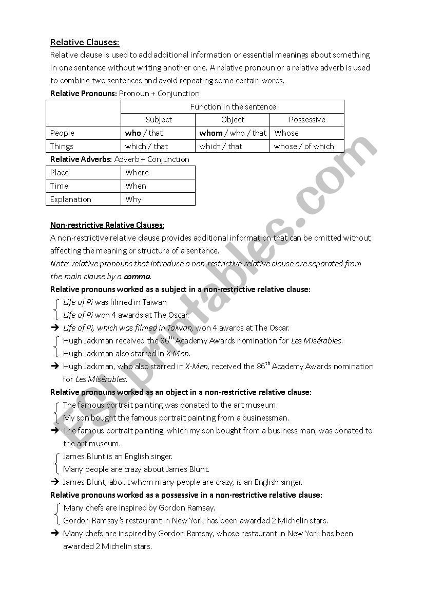 Relative Clauses worksheet