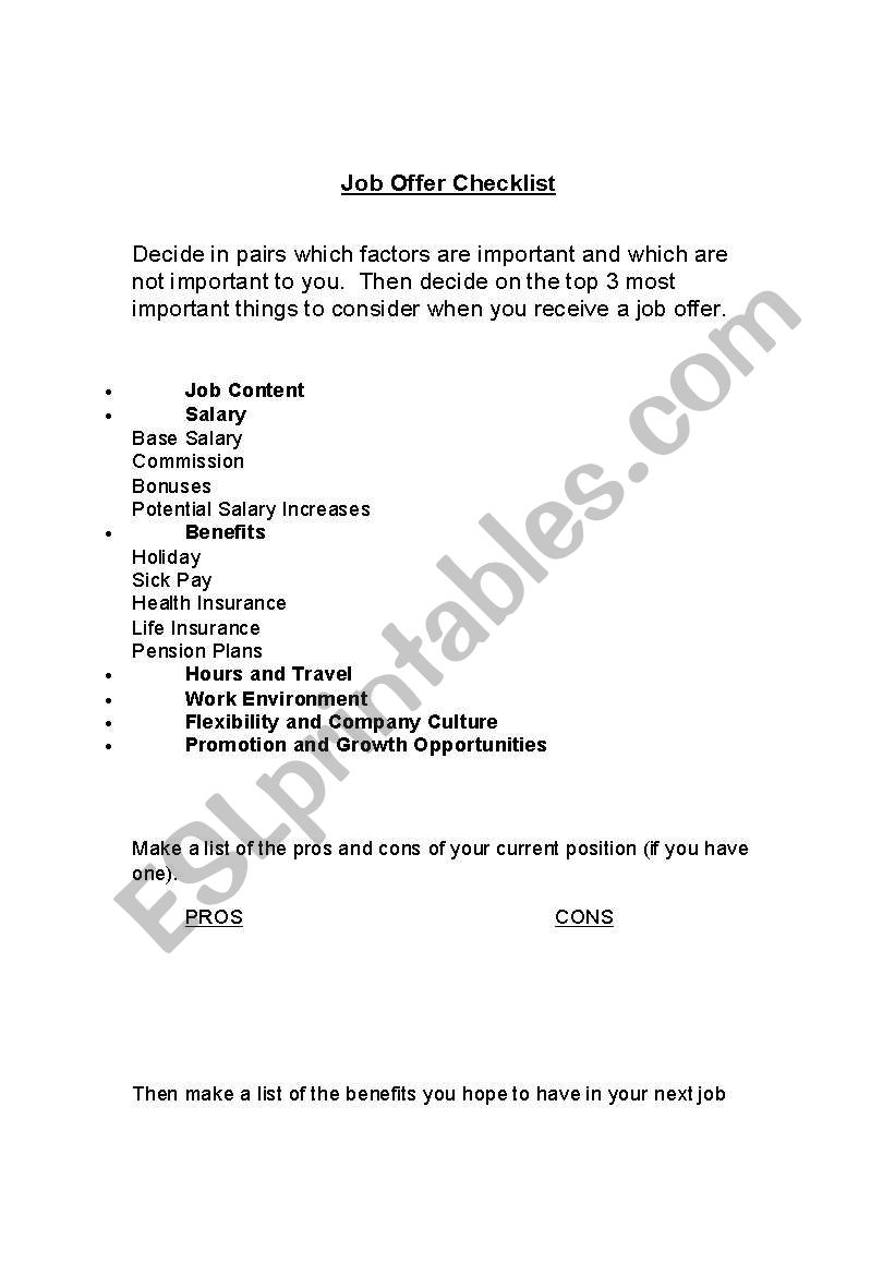 Job Offer Checklist worksheet