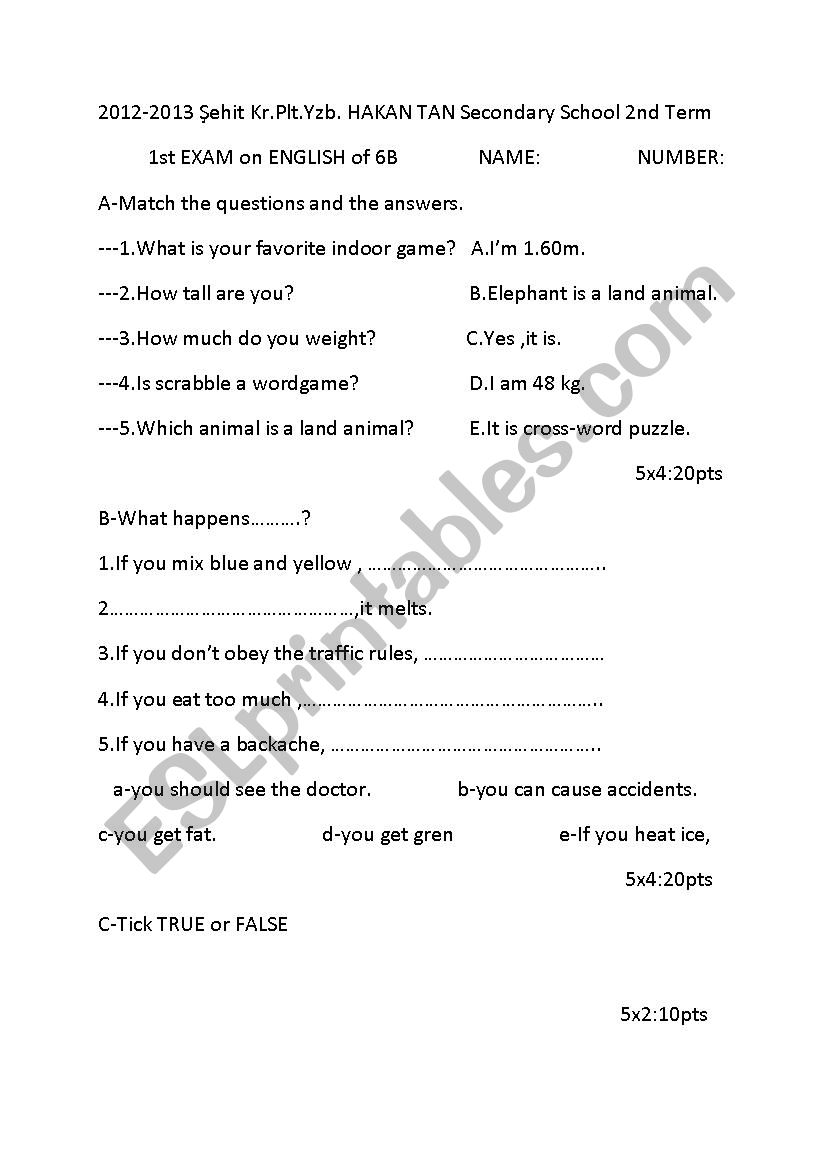 exam worksheet