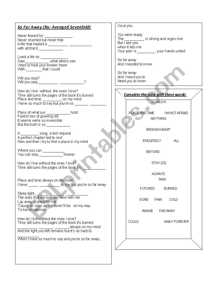 So Far Away - Avenged worksheet