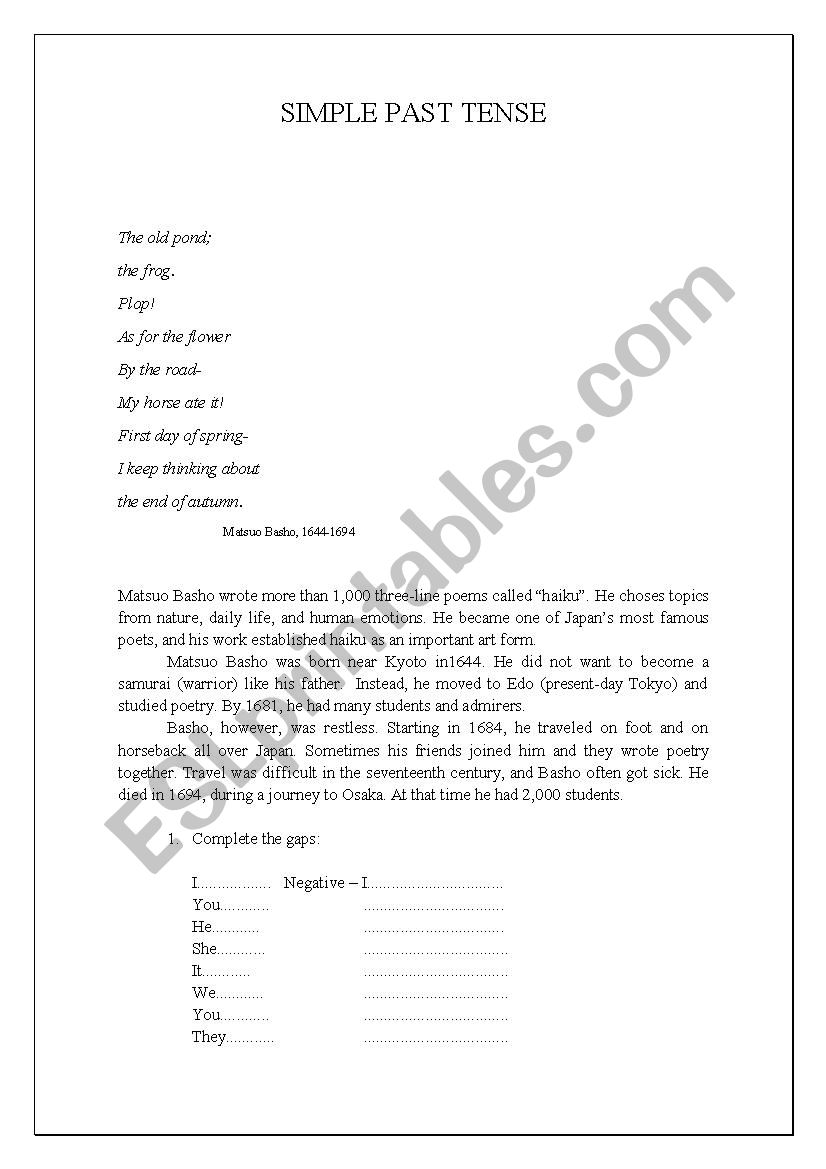 SIMPLE PAST/ PRONOUNS worksheet