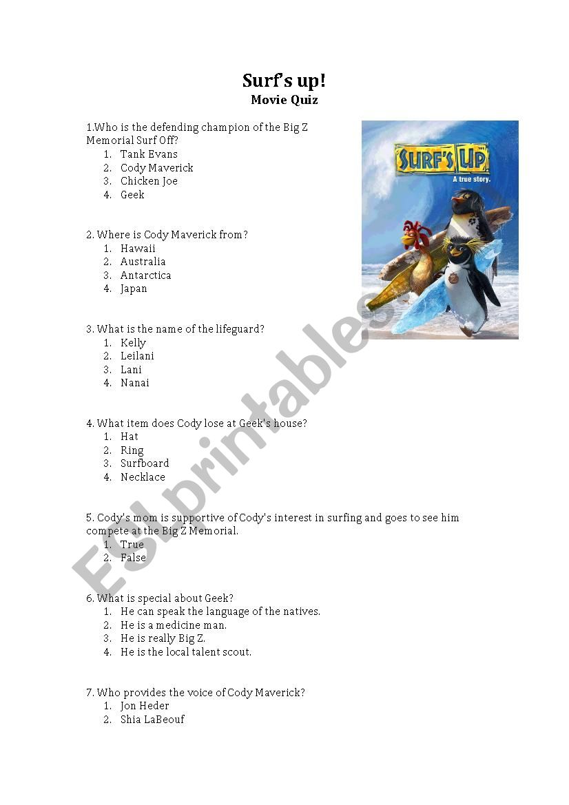 Surf´s up quiz ESL worksheet by vvvsss