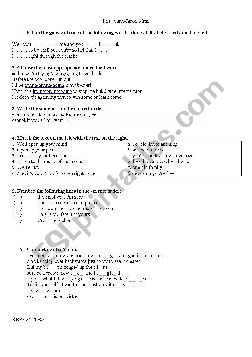 Song: Im Yours Jason Mraz worksheet