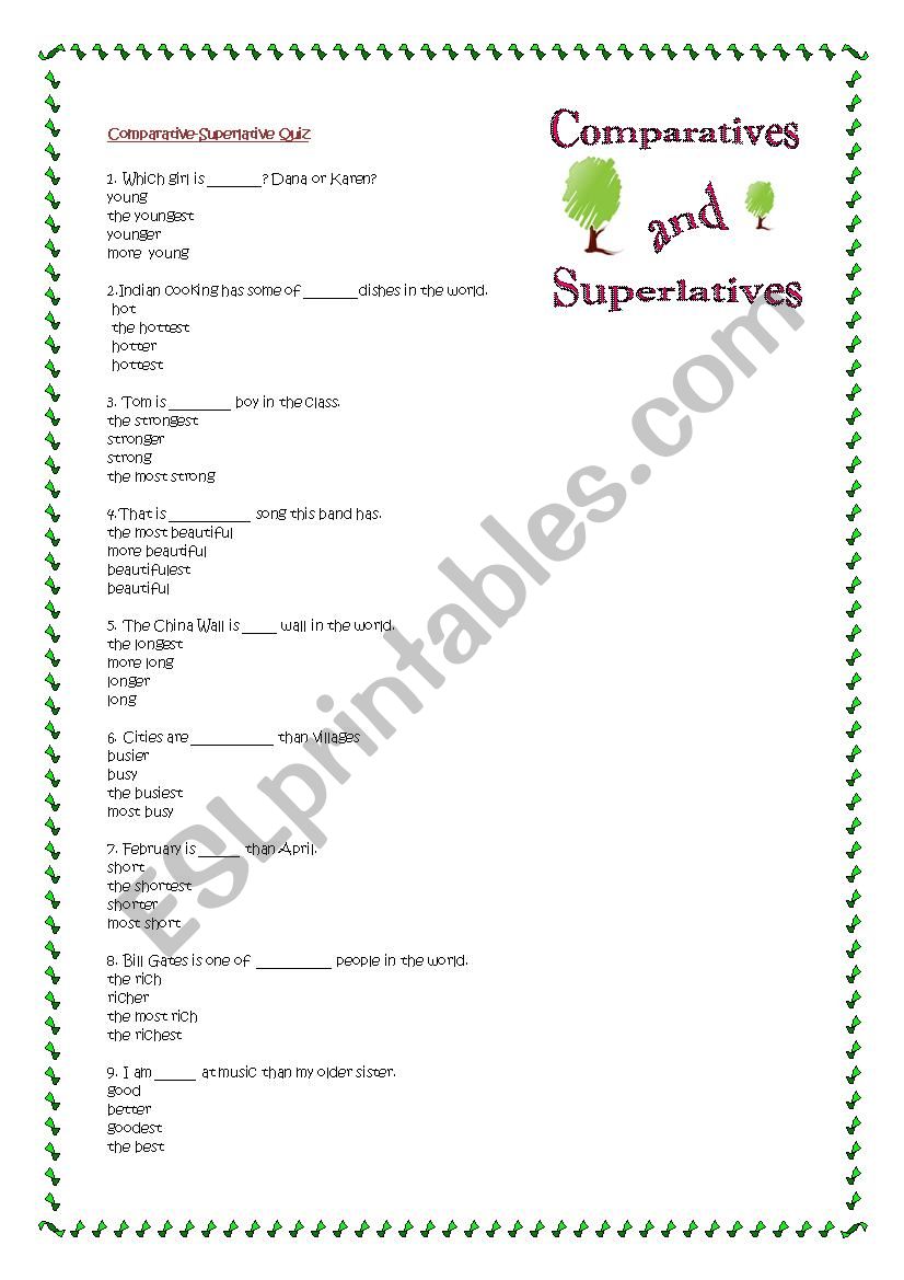 Comparative-superlative quiz worksheet