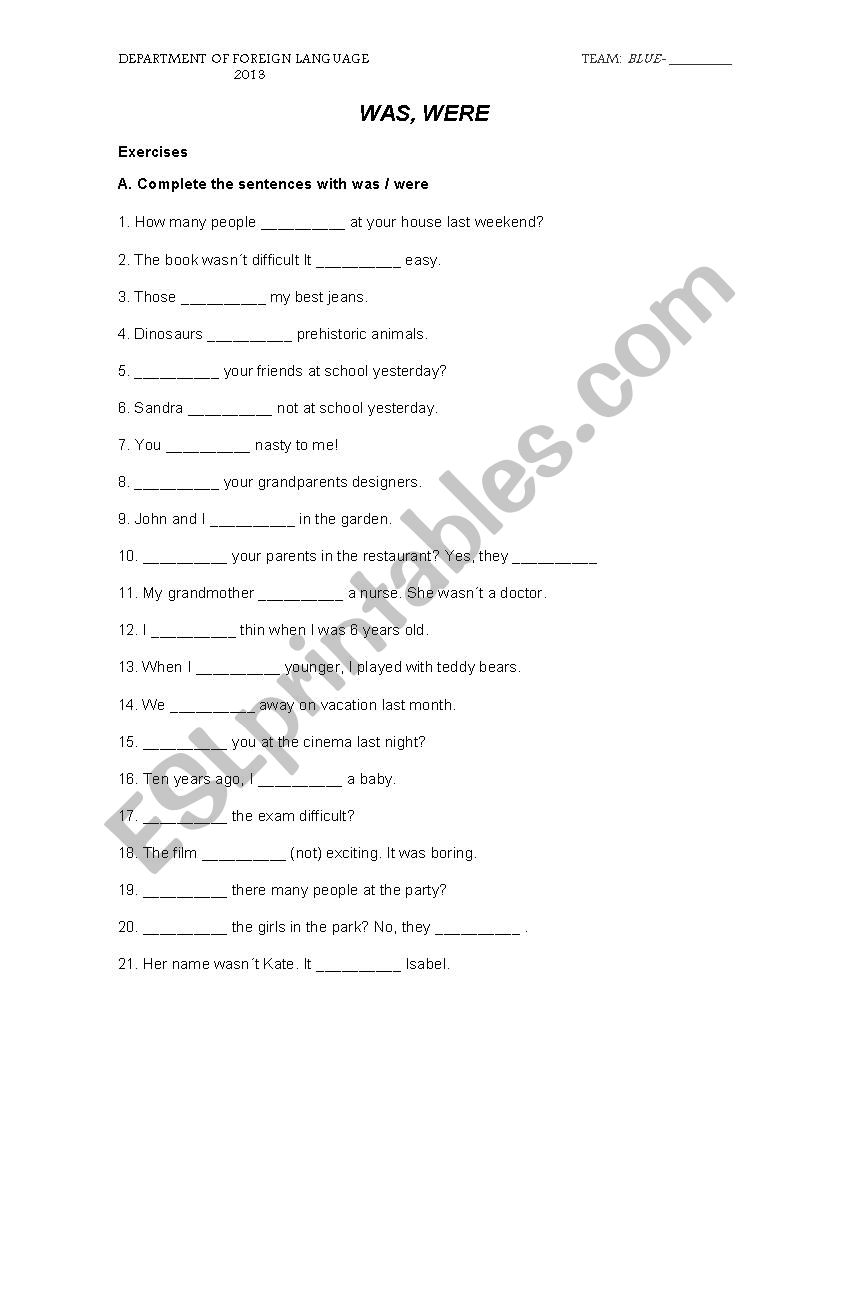 WAS AND WERE worksheet