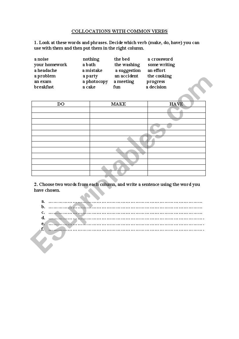 Collocations  worksheet