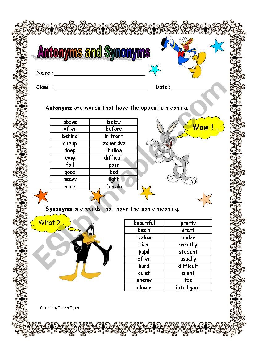 Antonyms and Synonyms worksheet