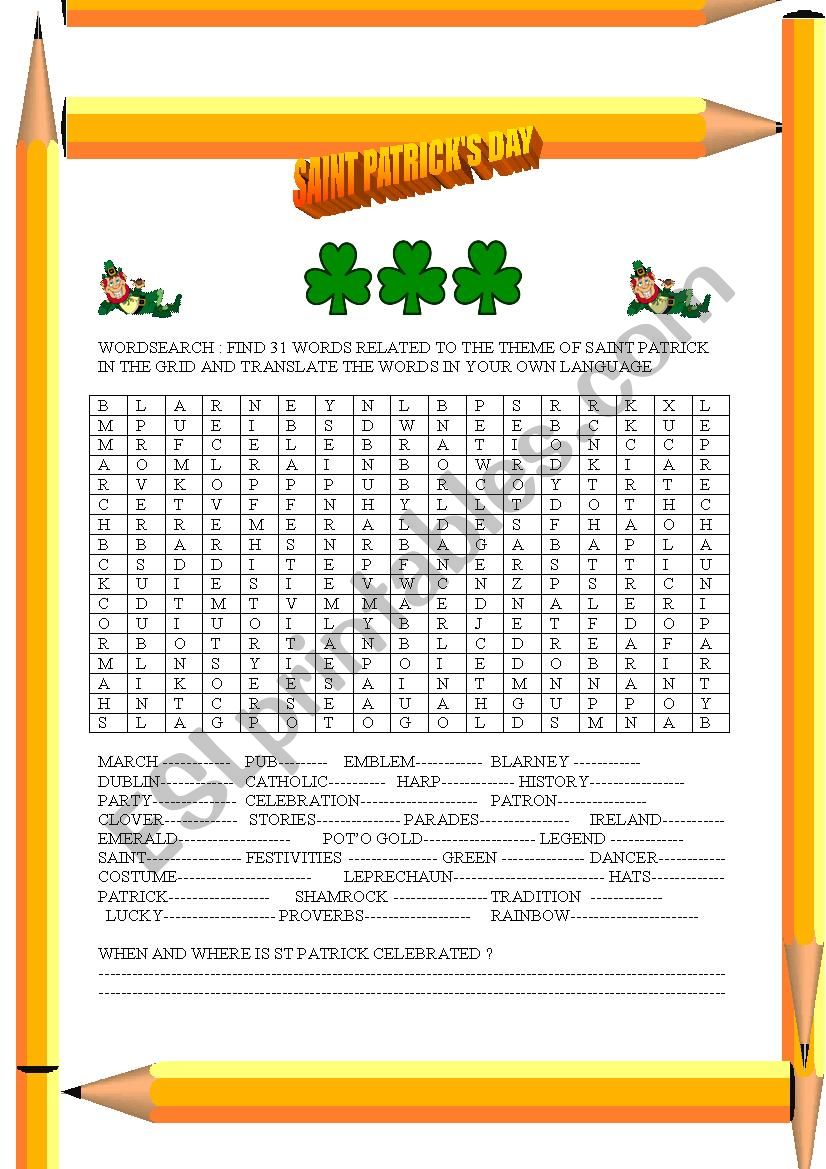 ST Patricks day  wordsearch worksheet