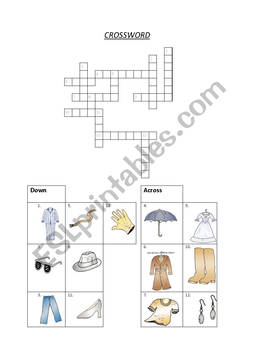 Croosword about the clothes worksheet
