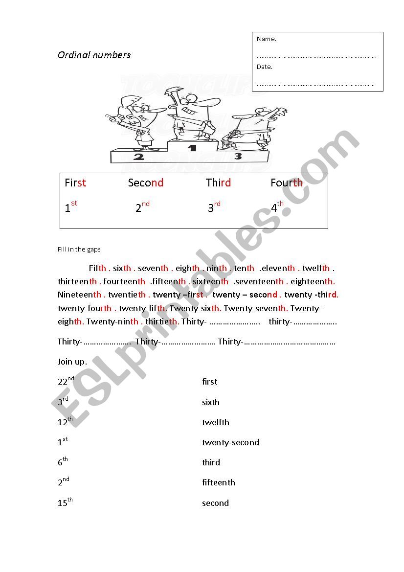 ordinal numbers worksheet