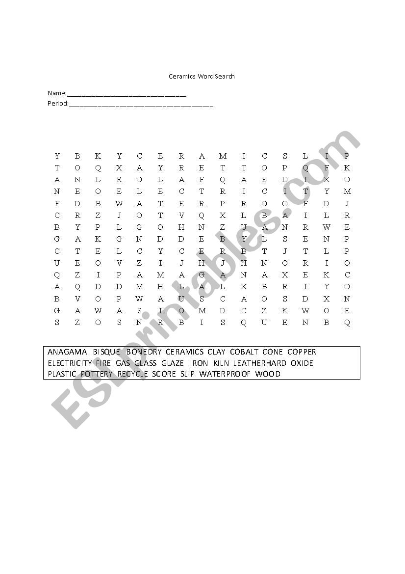Ceramics WOrd Find worksheet