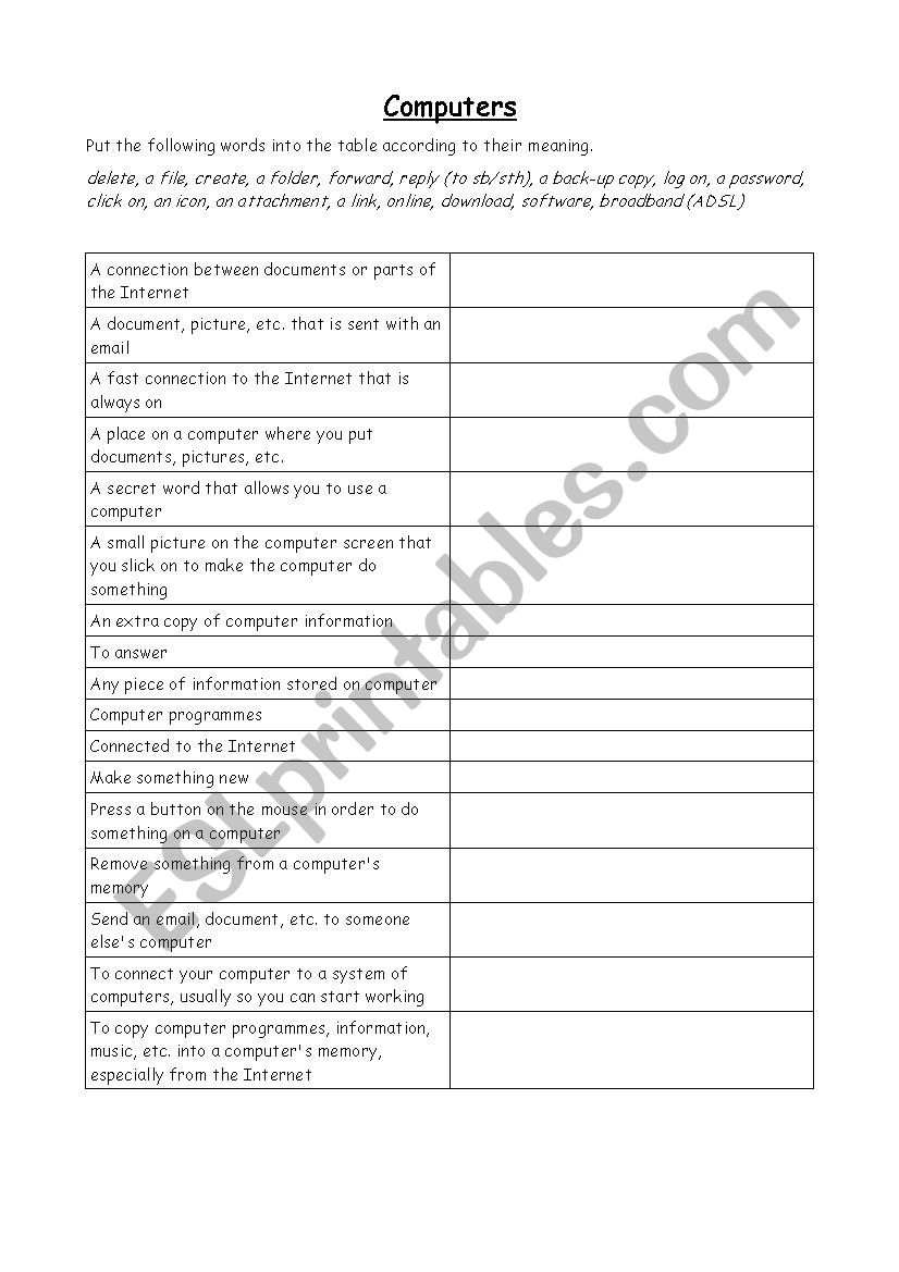 Computers worksheet