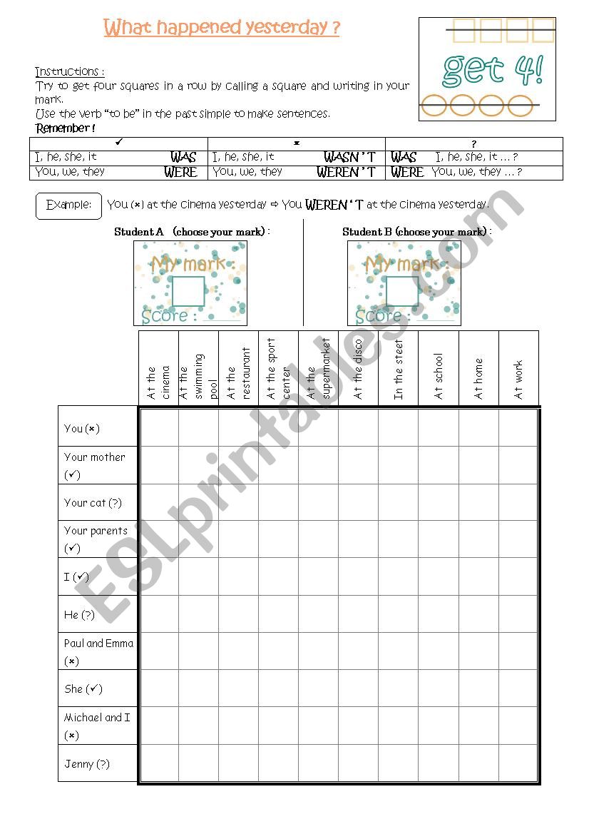 Get 4 in a row : speaking activity 