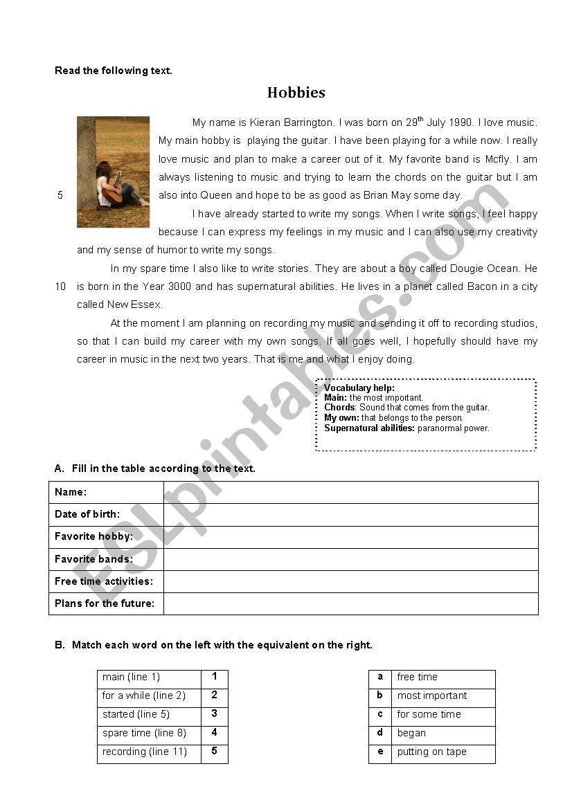 Hobbies worksheet