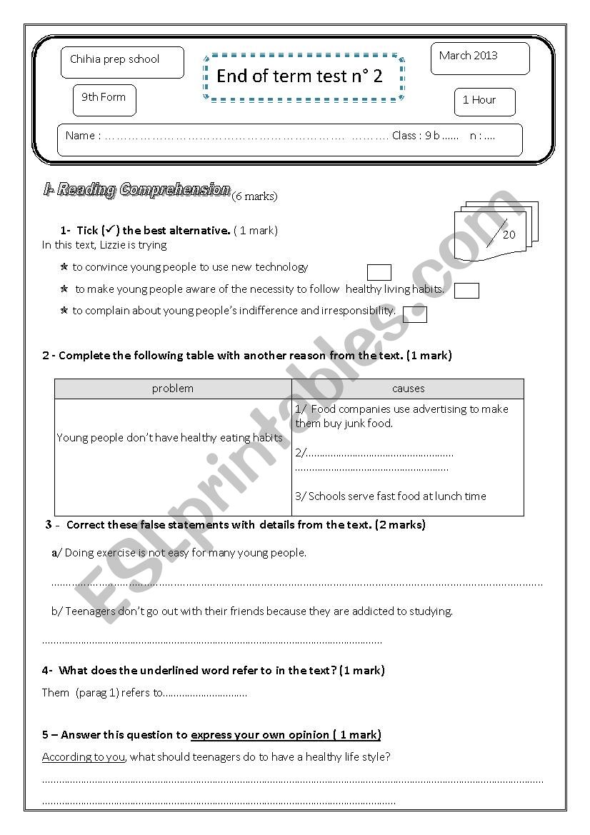 End of term test n 2 worksheet