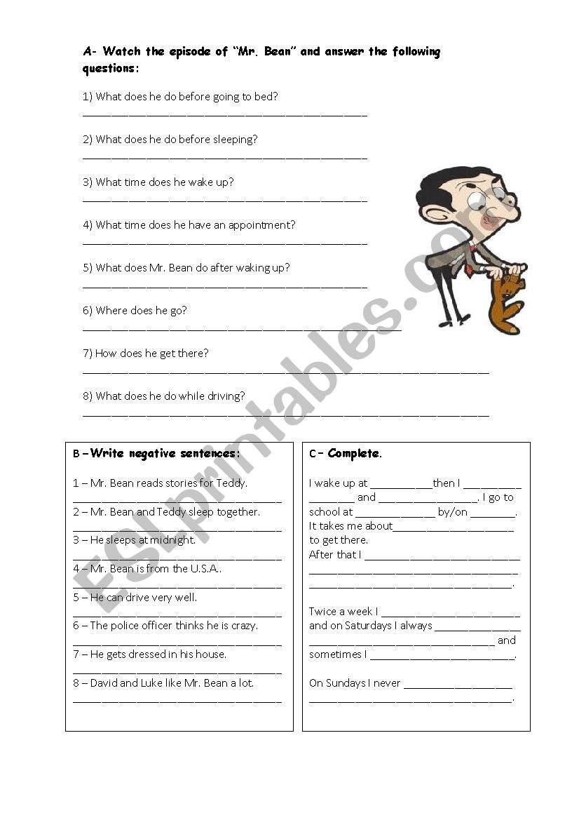 Mr Bean Video act worksheet