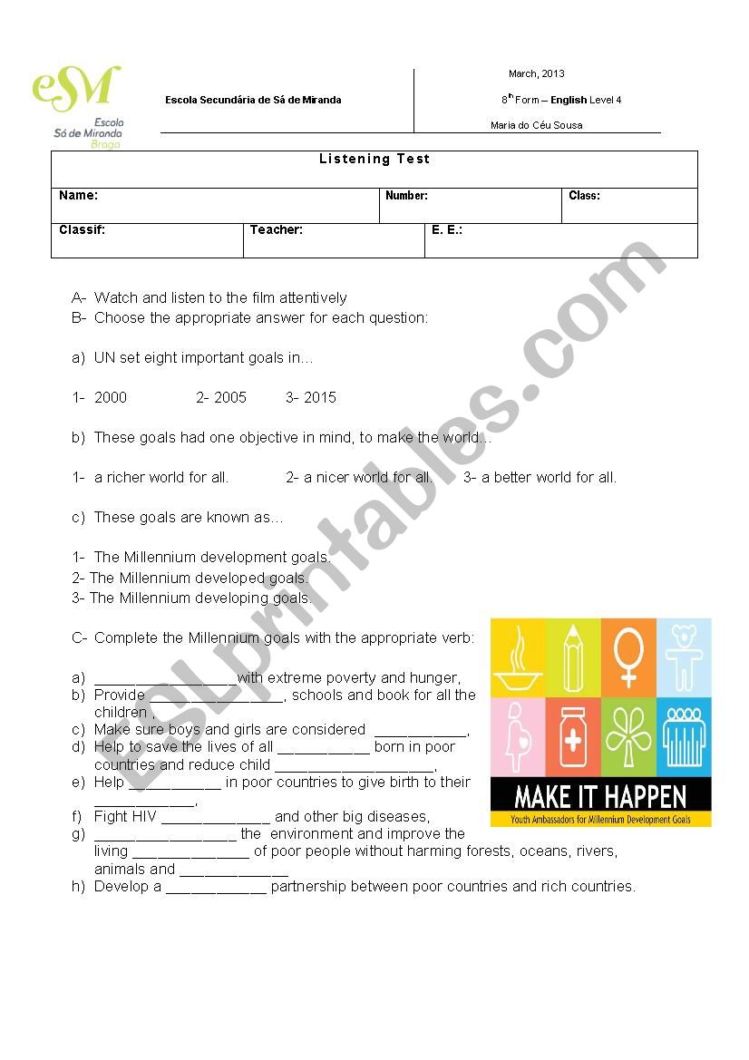 listening UN Millenium Goals worksheet