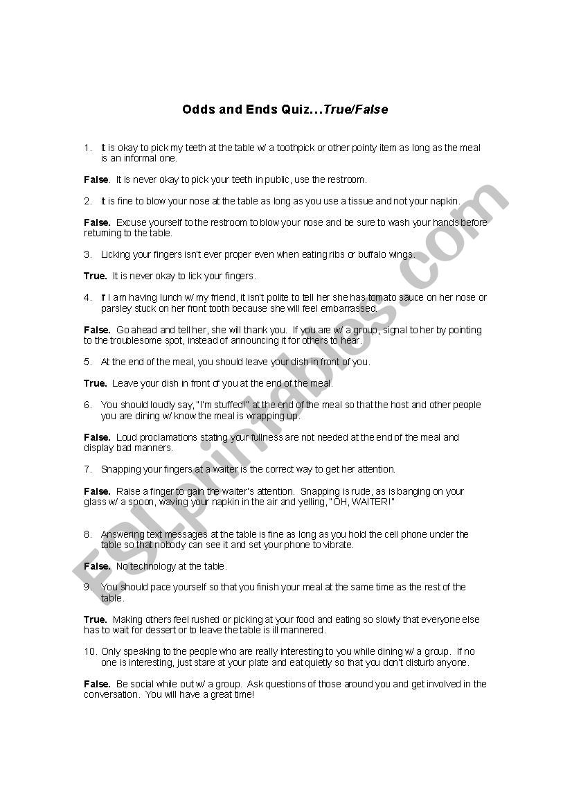 Odds and Ends Quiz worksheet